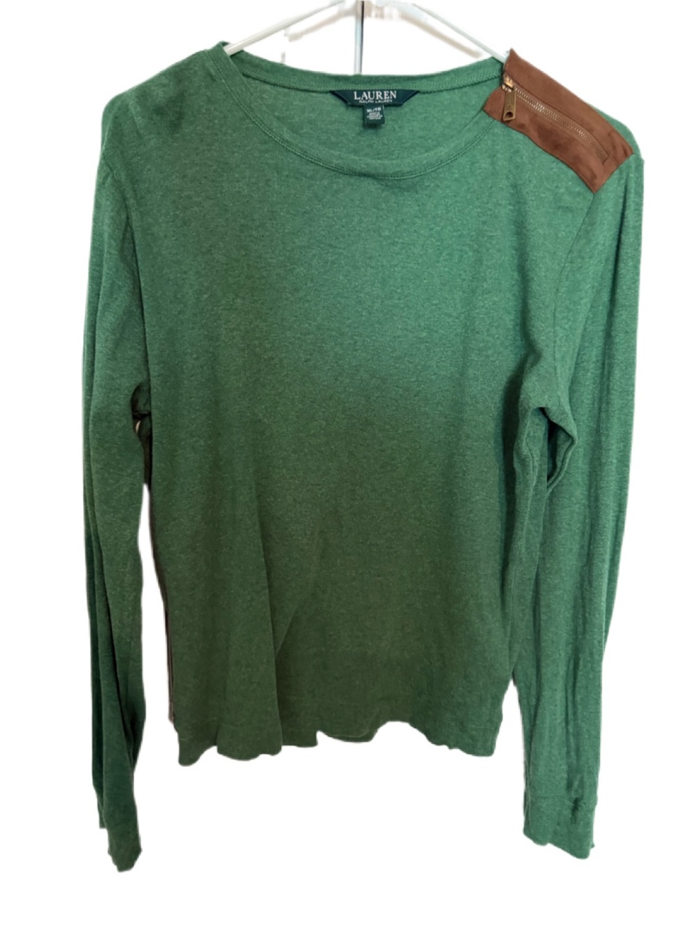 Lauren Ralph Lauren Green Long Sleeve Sweater with Brown Shoulder Patch
